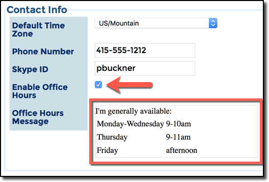 Office Hours, on Settings page